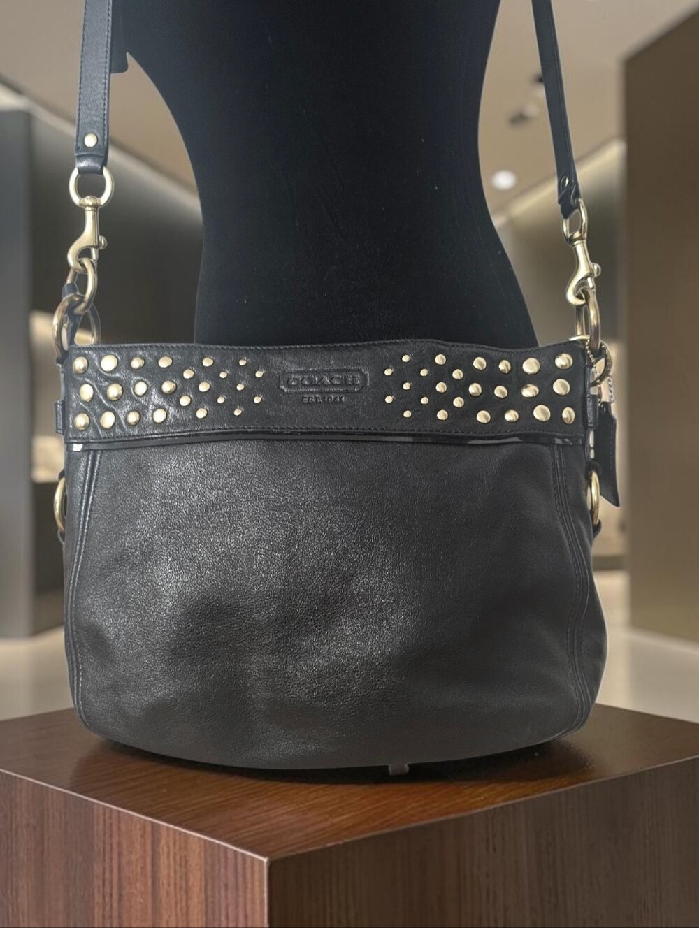 Coach Zoe F15237 Black Leather Studded Shoulder Crossbody Bag
